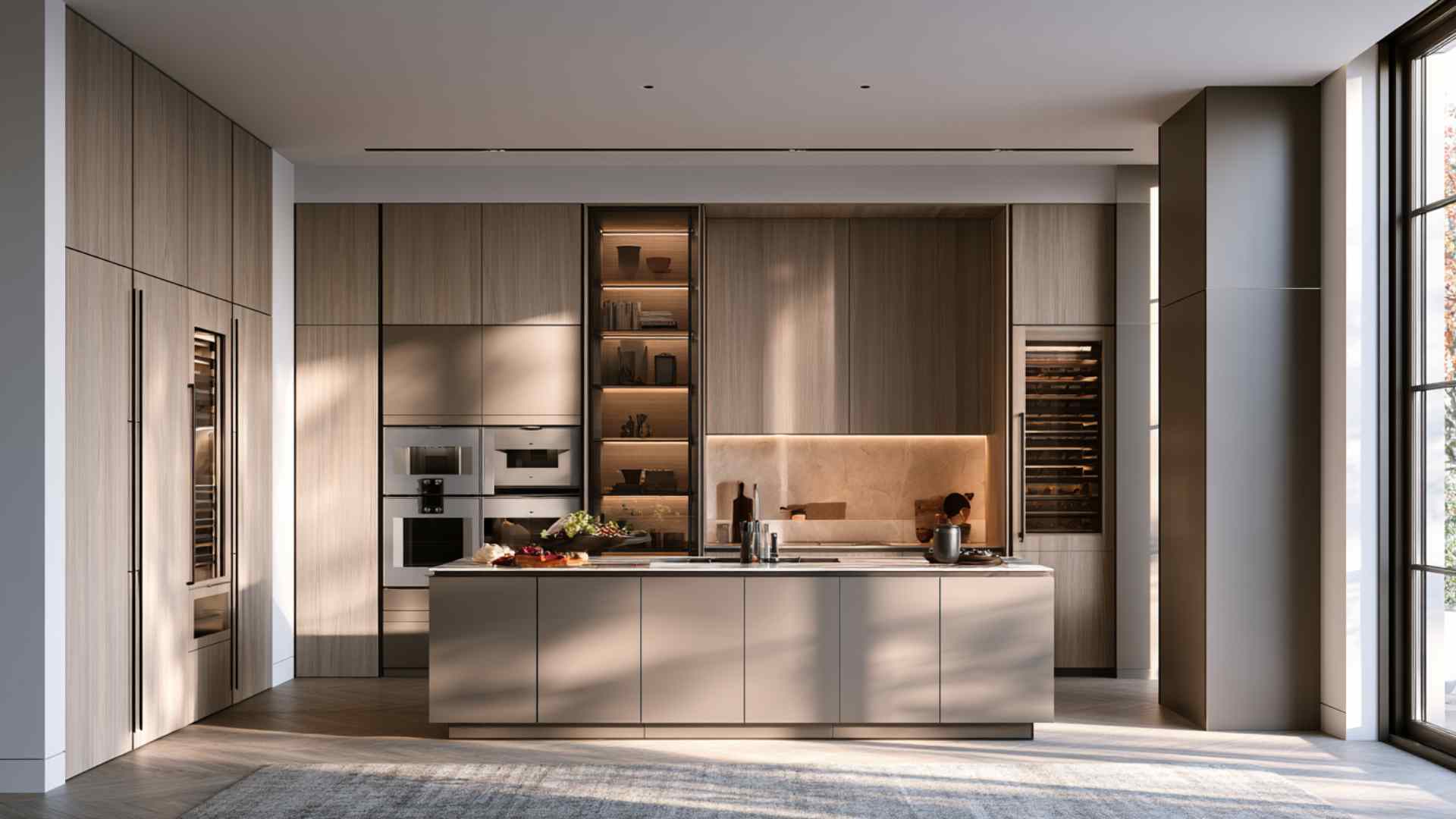 Floating kitchen cabinets mounted on wall with open floor space below in modern minimal airy interior design