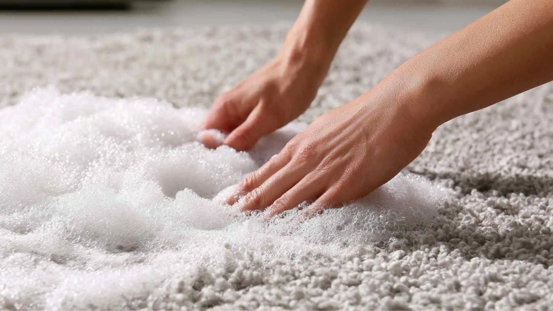 Hands applying foaming vinegar and baking soda mix to carpet lifting embedded dirt and loosening old stains