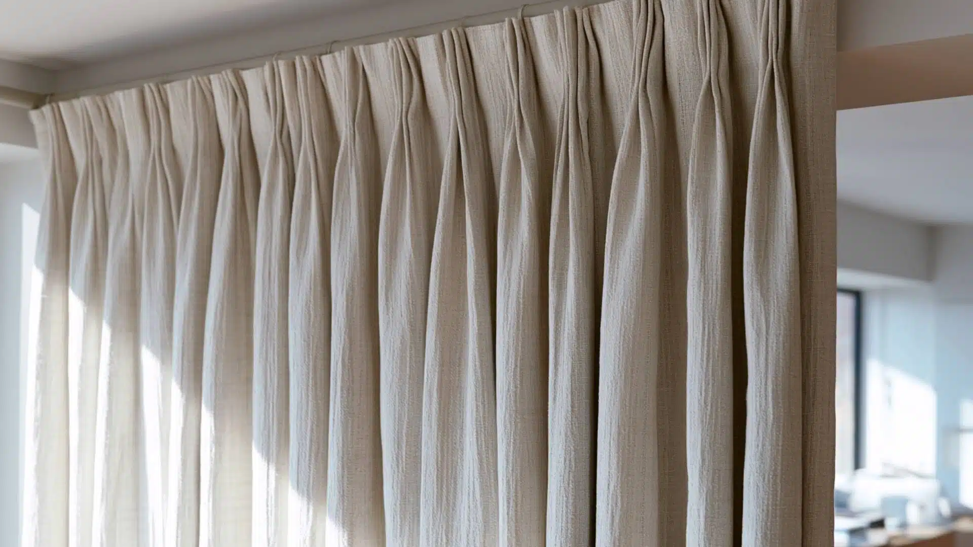 Close-up of pinch pleat linen curtains with soft folds hanging beside a sunlit window.