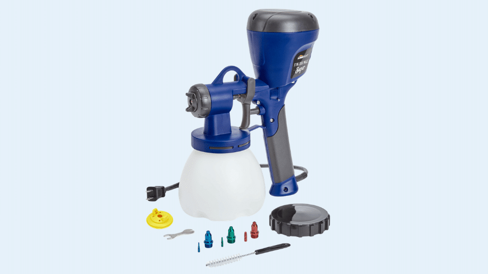 Fuji HVLP paint sprayer system with blue handheld spray gun, gravity feed cup, hose, and accessories displayed on a light background.