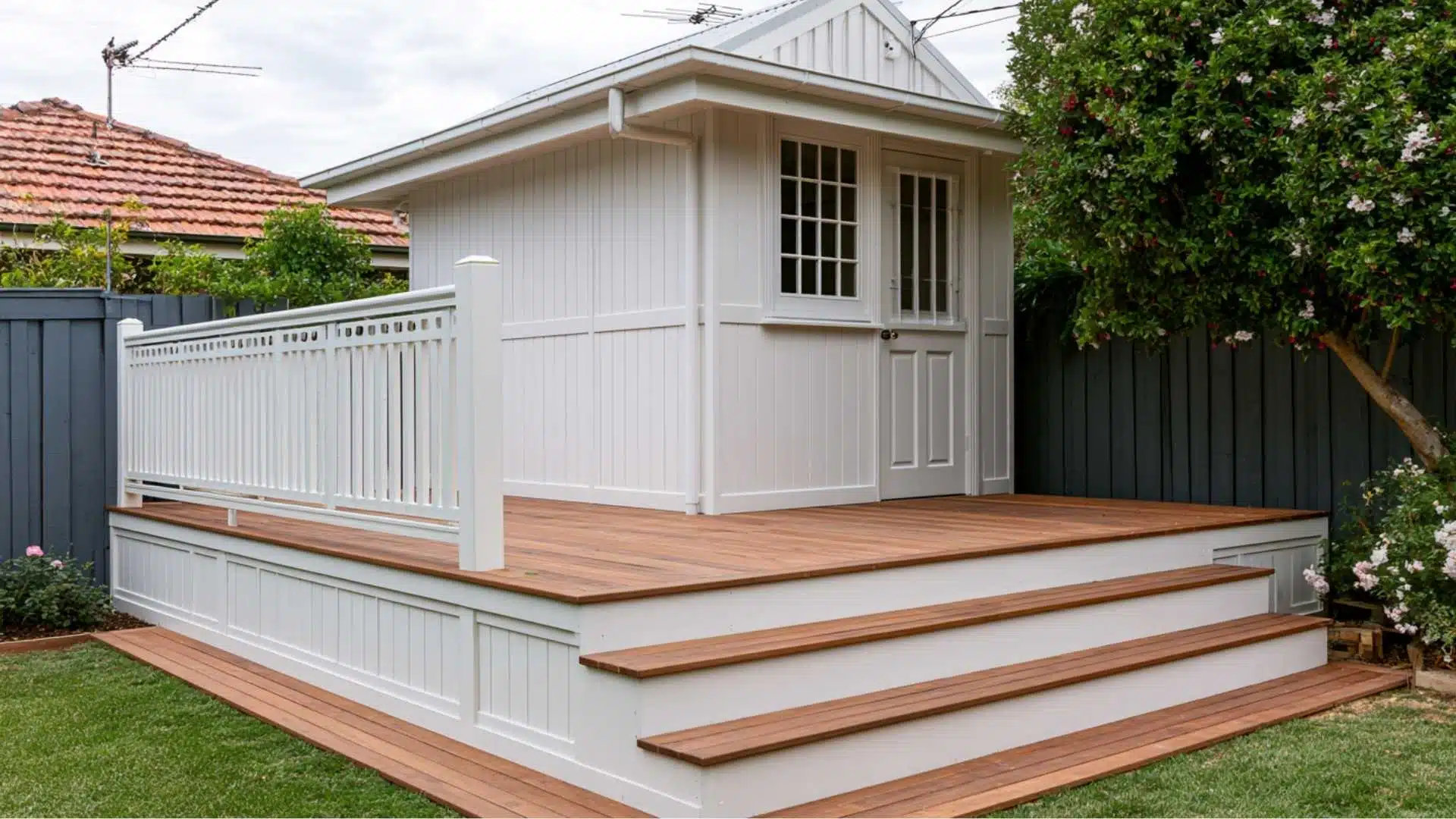 White fully enclosed storage wall deck skirting with vertical paneling and matching wood steps.