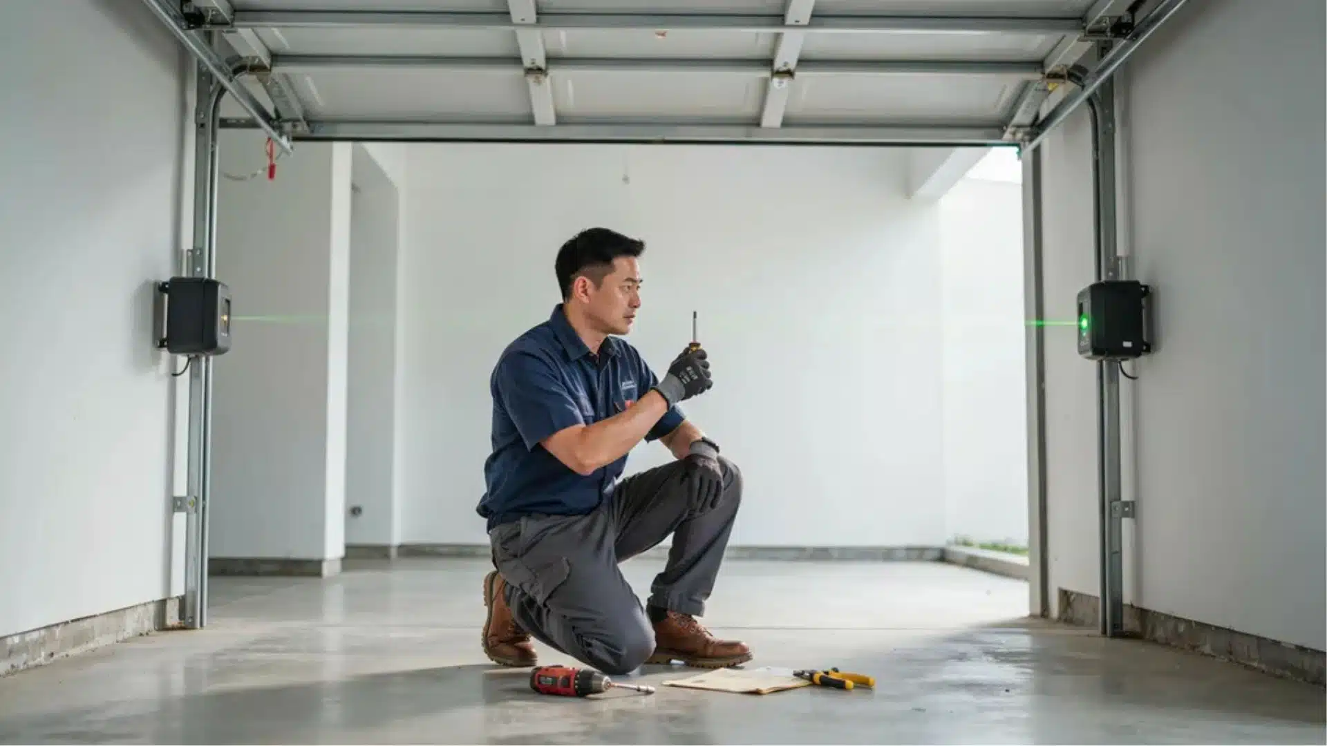 Properly mounted garage door sensors aligned at correct height on both sides of door track for safety beam function