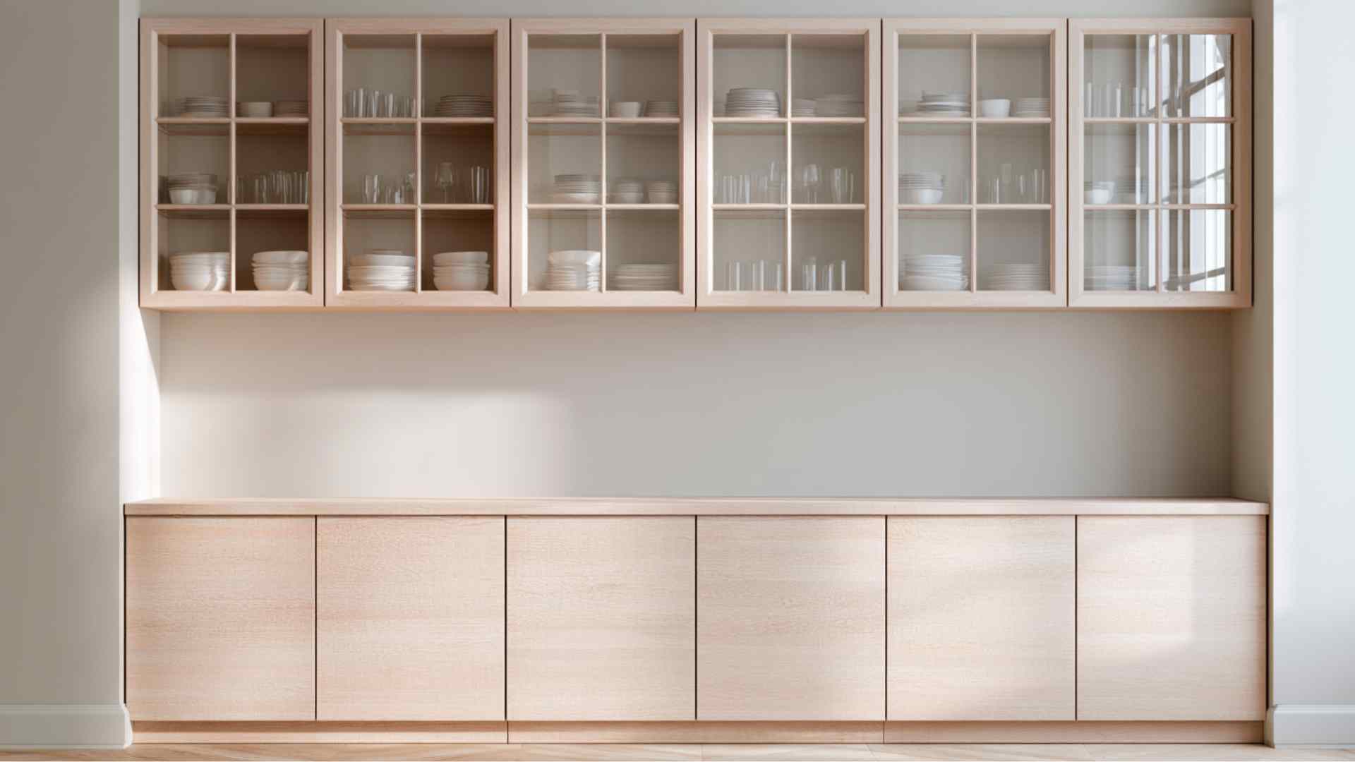 Glass front kitchen cabinets displaying dishes and glassware above solid lower cabinets in modern bright kitchen