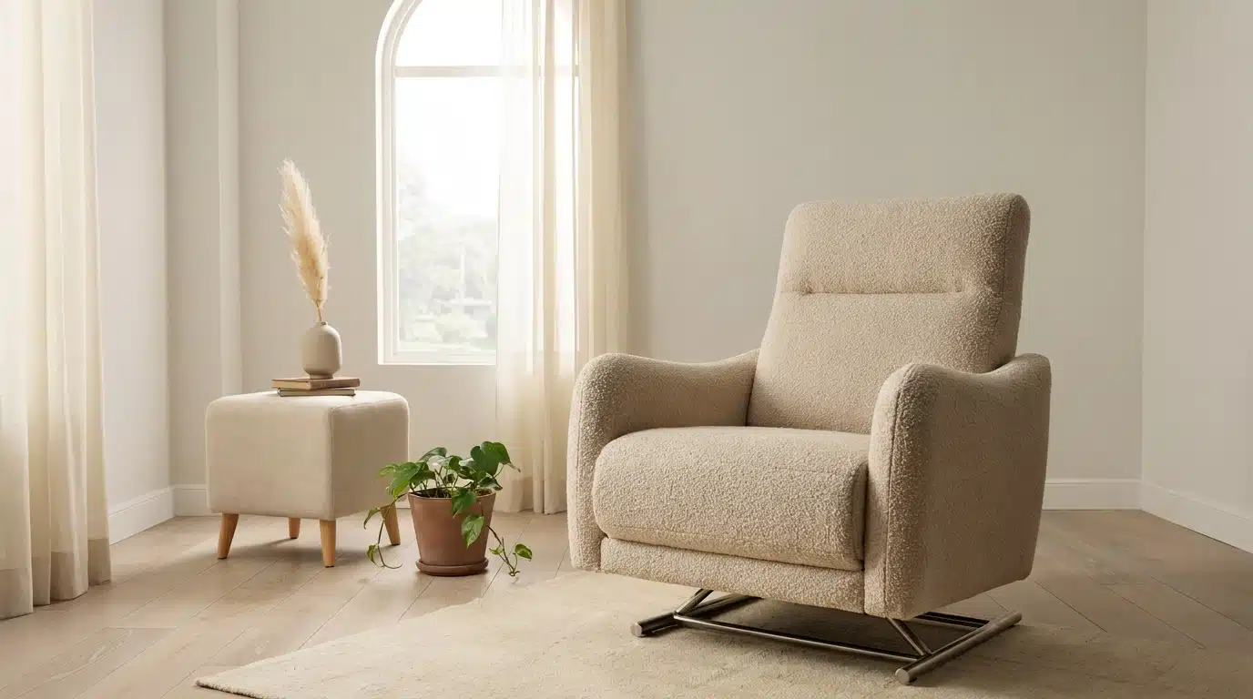 Glider recliner chair smooth sliding motion base in quiet living room showing stable seating comfort
