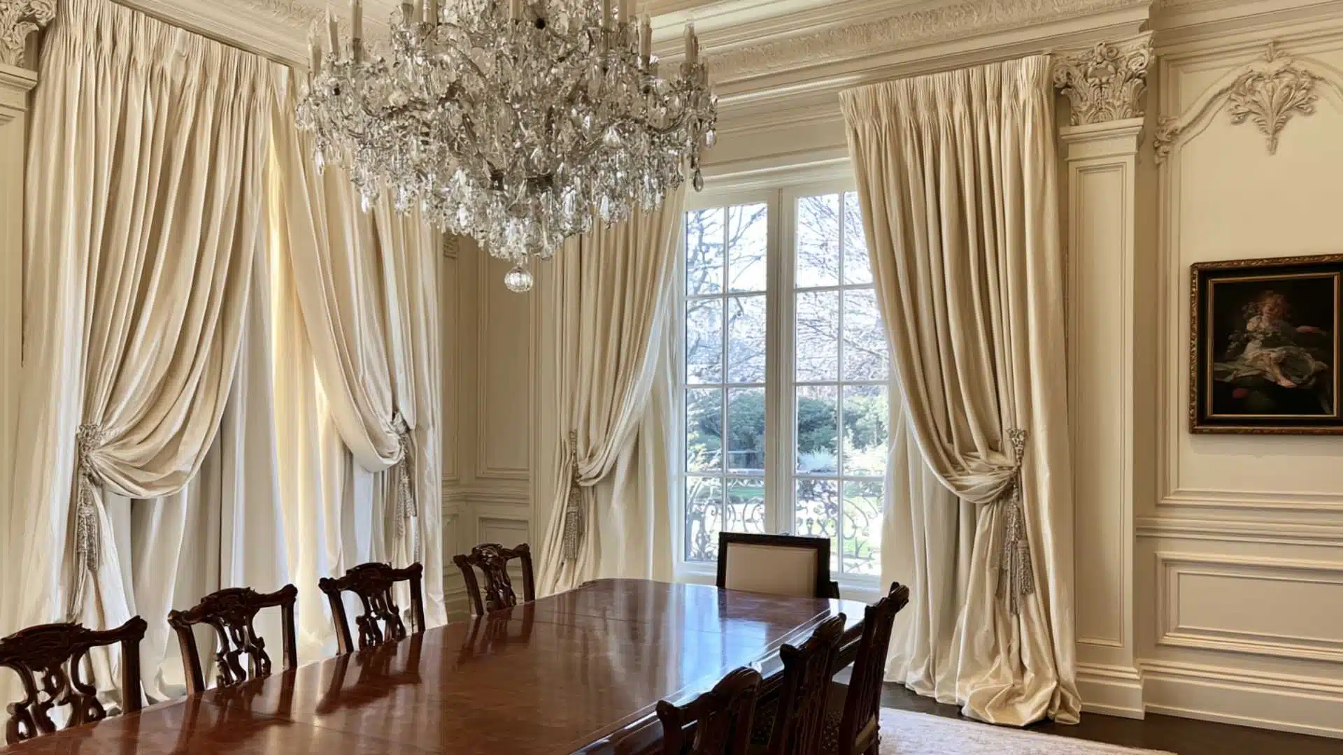 Ivory goblet pleat curtains with tassel tiebacks in a formal dining room with crystal chandelier