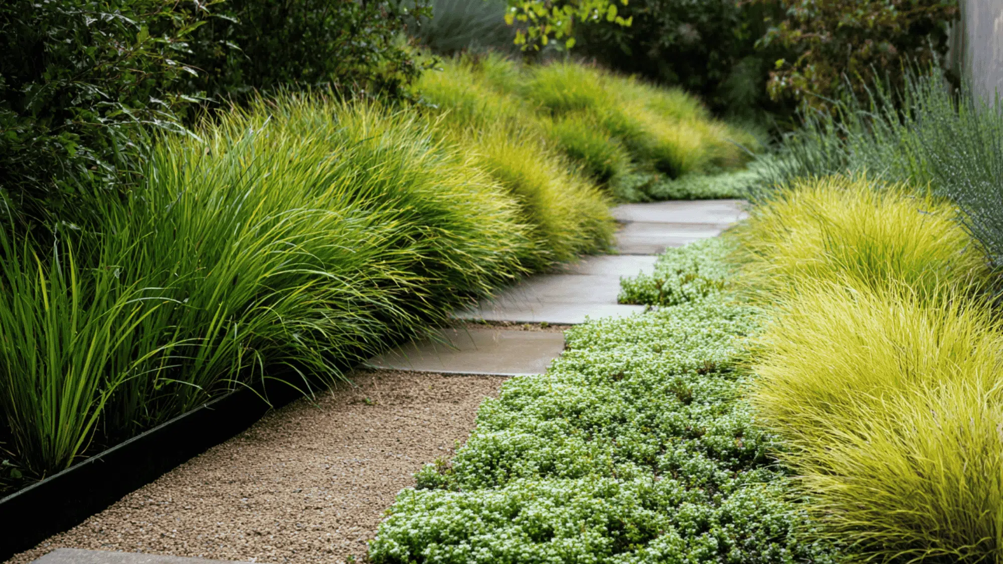 Feather reed grass, mondo grass path borders, and creeping thyme ground cover in a modern landscape