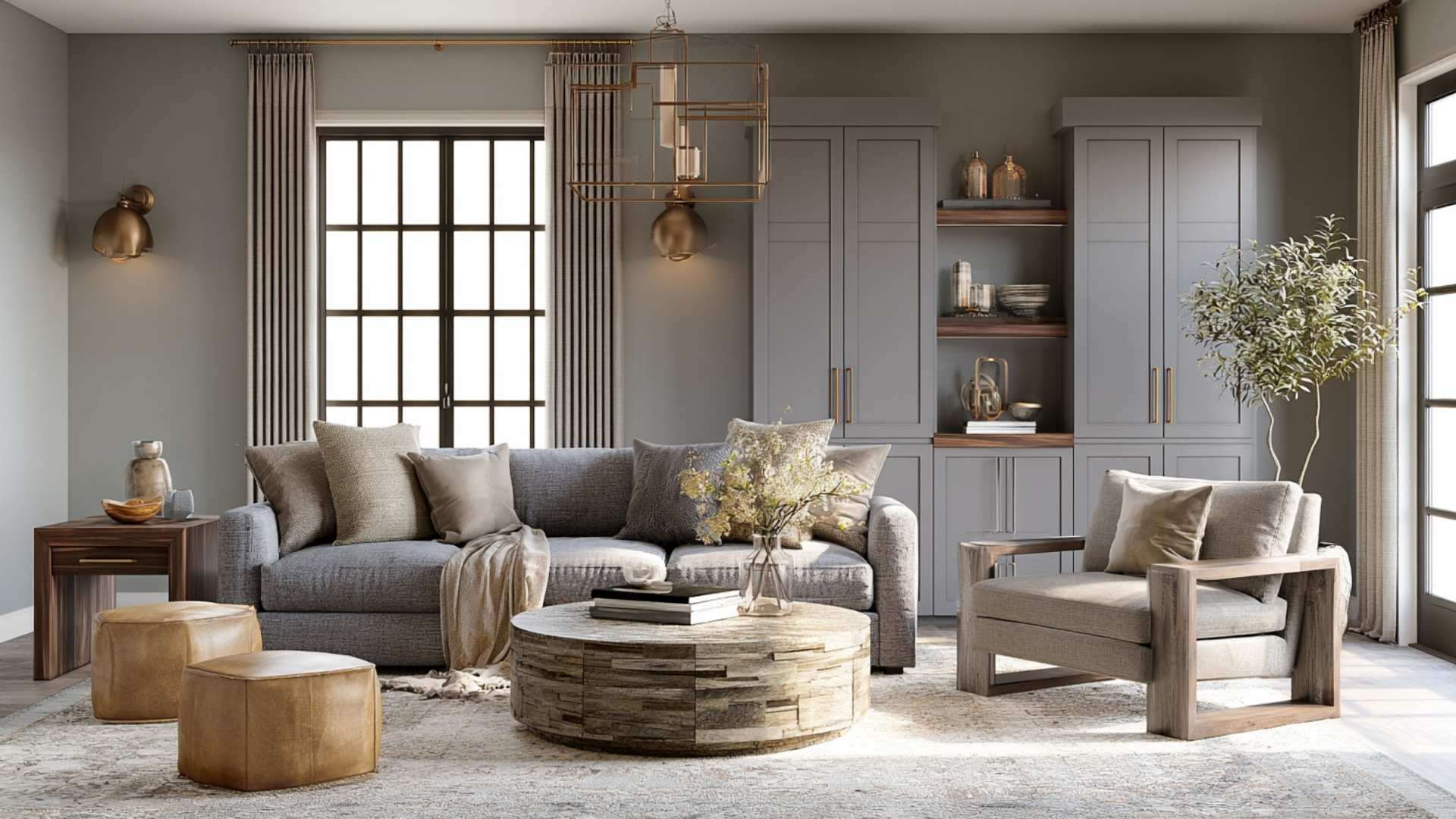 Modern neutral living room with gray sofa, wood coffee table, armchair, built-in shelving, and soft natural light highlighting a balanced earthy palette.