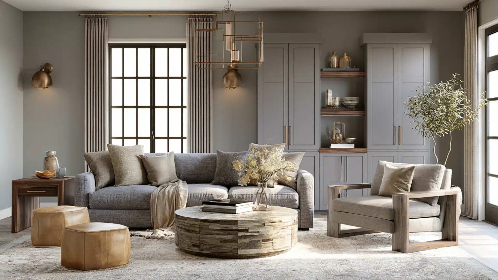 Modern neutral living room with gray sofa, wood coffee table, armchair, built-in shelving, and soft natural light highlighting a balanced earthy palette.