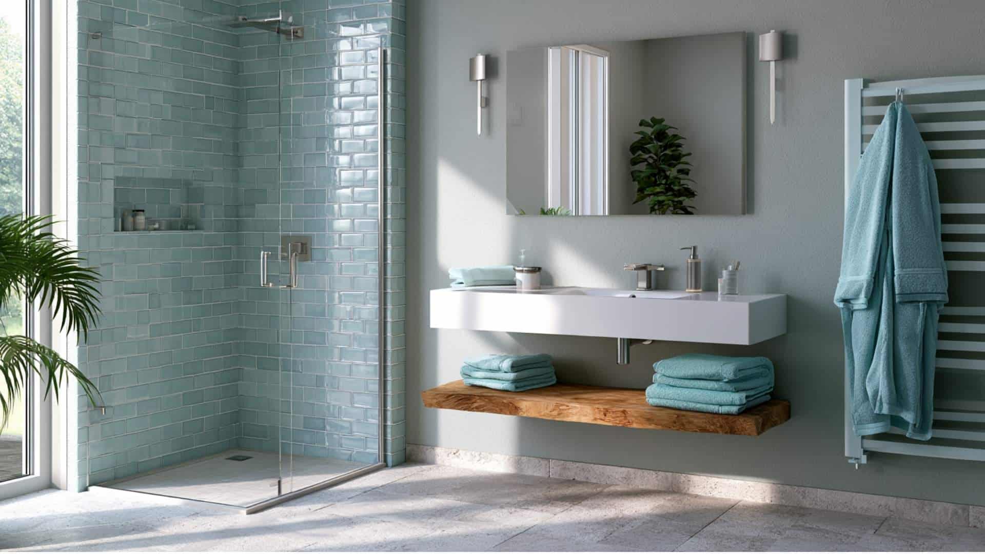 Contemporary gray bathroom with aqua subway tiles, floating vanity, and spa-inspired modern design.