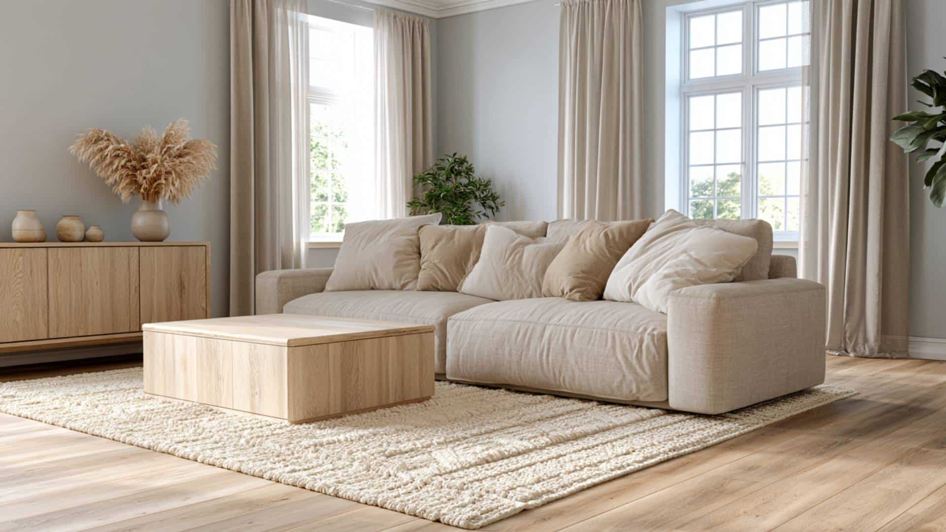 Airy gray living room with a beige sofa, light wood furniture, cream rug, and sunlit windows.