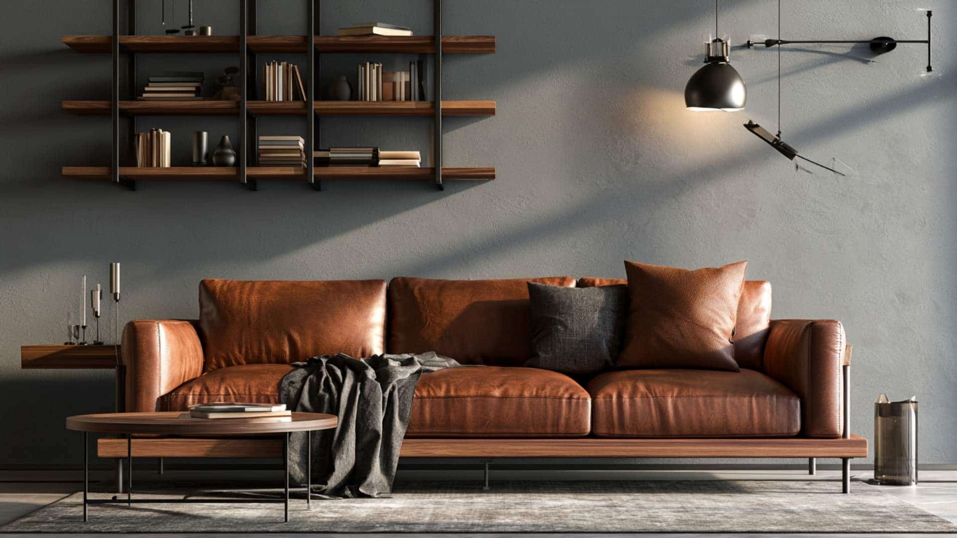 Contemporary gray living room with a brown leather sofa, floating shelves, and industrial lighting.