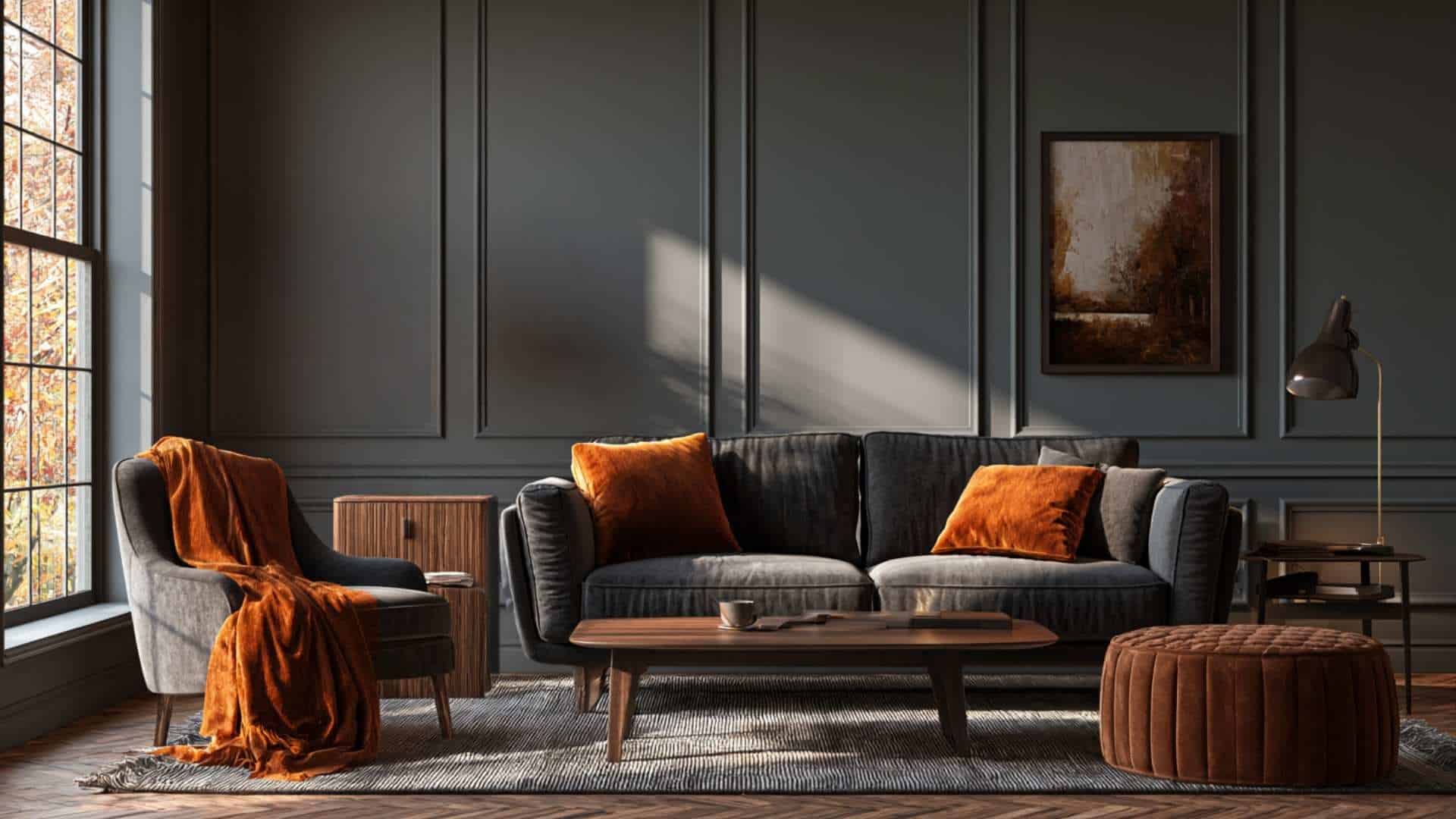 Moody gray living room with burnt orange pillows, cozy throw, and warm autumn-inspired accents.