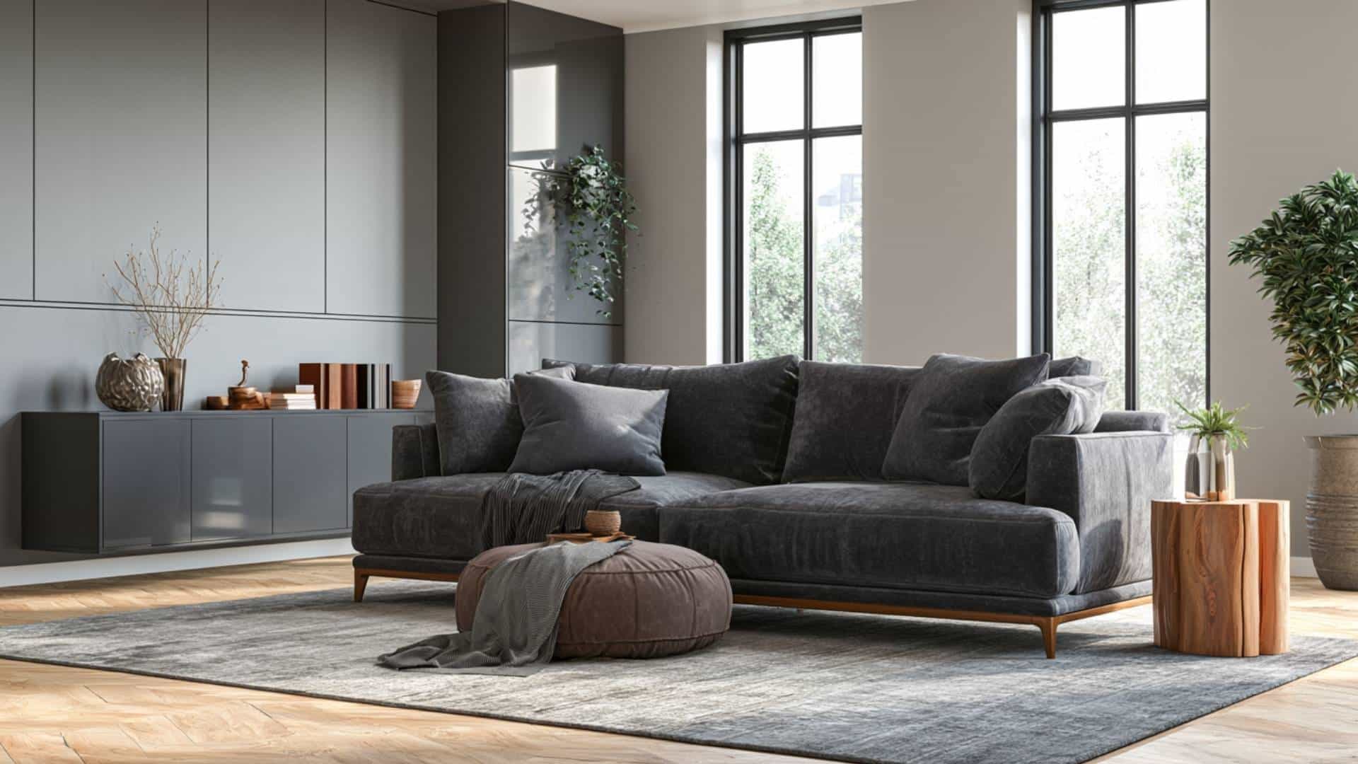 Contemporary living room with charcoal gray sofa, sleek cabinetry, and warm wood accents.