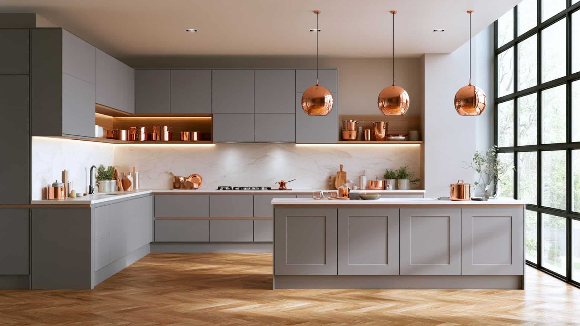 Modern gray kitchen with copper pendant lights and cookware, warm metallic luxury detailing throughout.