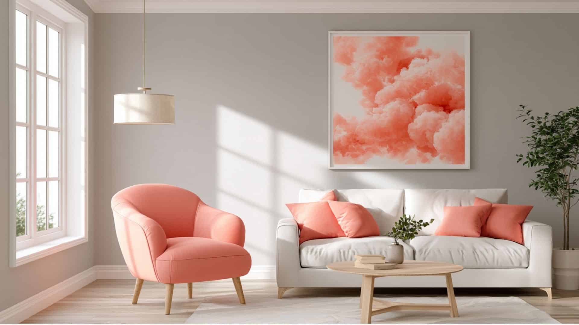 Bright gray living room with coral accent chair, matching cushions, and abstract coral wall art.