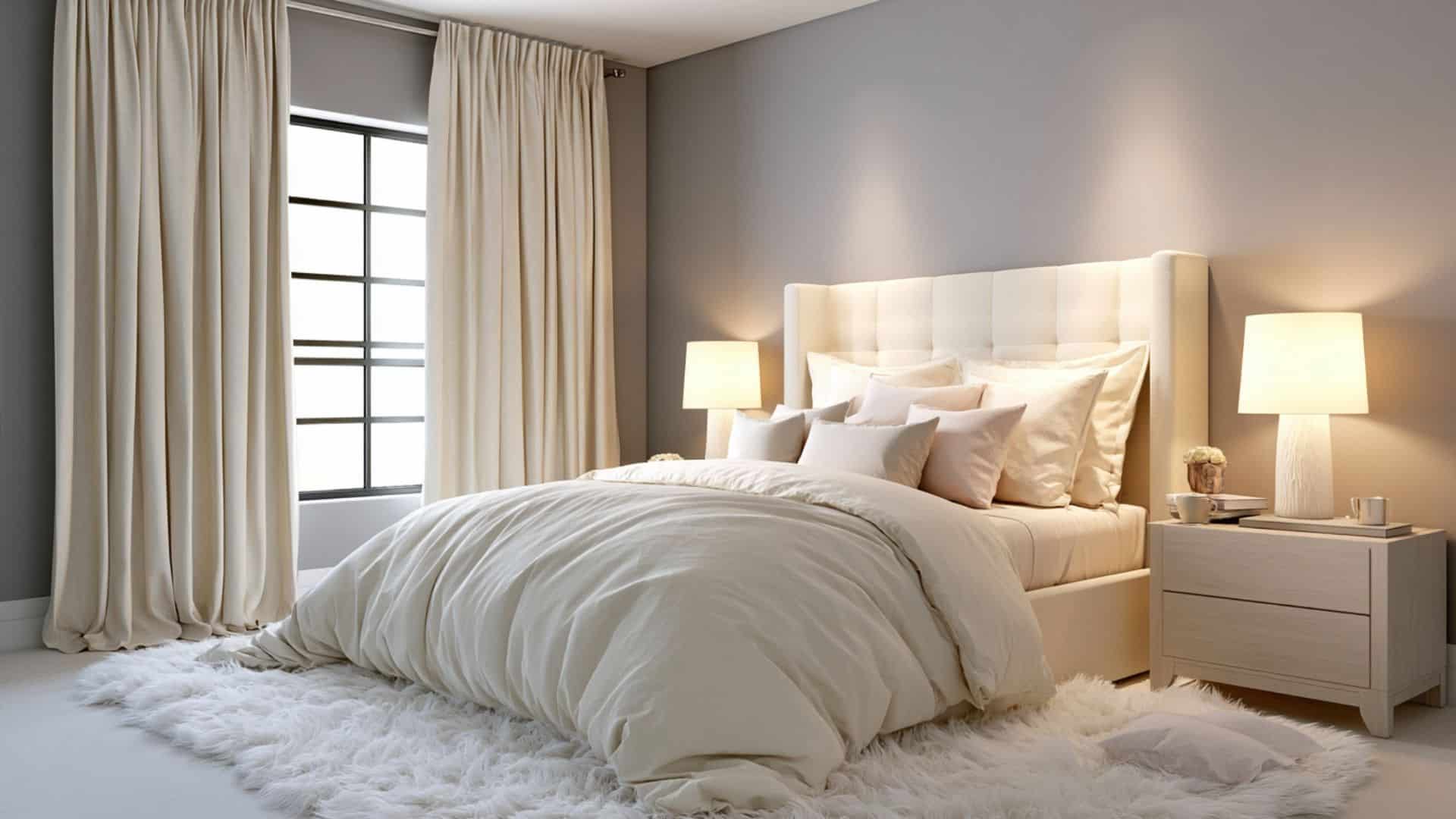 Serene gray bedroom with cream upholstered bed, layered white bedding, and soft neutral lighting.