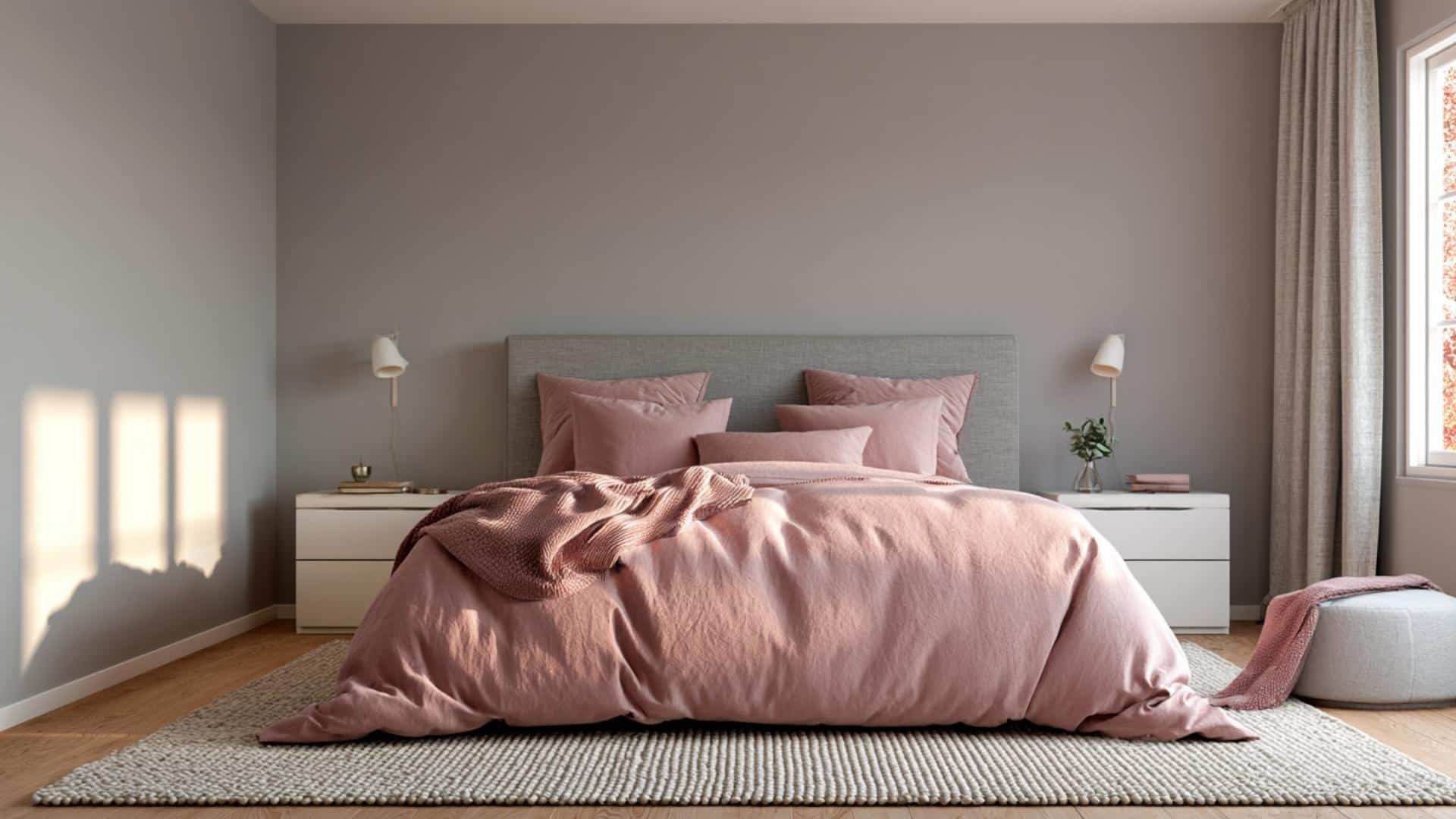 Gray bedroom with dusty rose bedding, warm cozy tones, soft light, minimalist modern design.