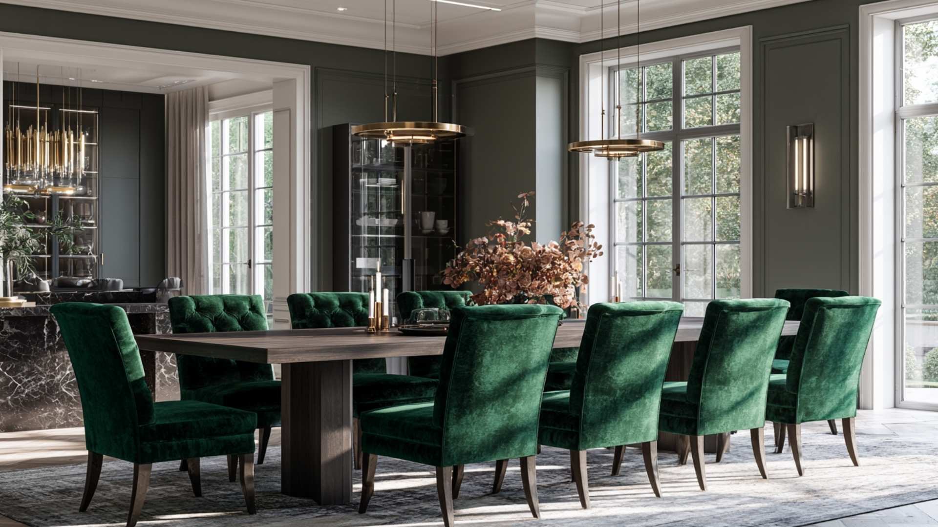 Sophisticated gray dining room with emerald green velvet chairs and luxurious gold lighting.