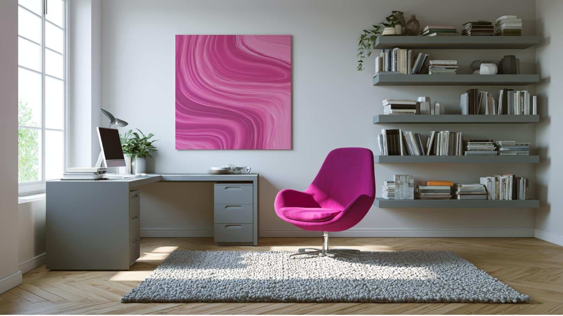 Gray living room with fuchsia accent chair and pillows, bold color contrast and modern styling.