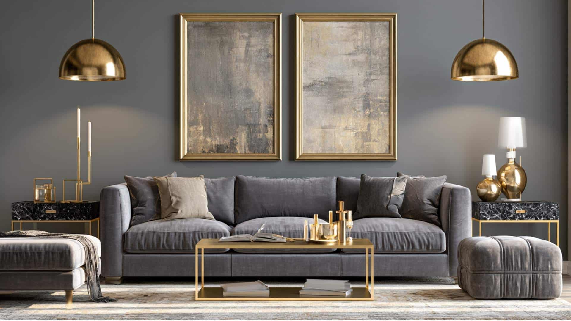 Gray living room with gold accents, abstract framed art, metallic lighting, and elegant modern decor.