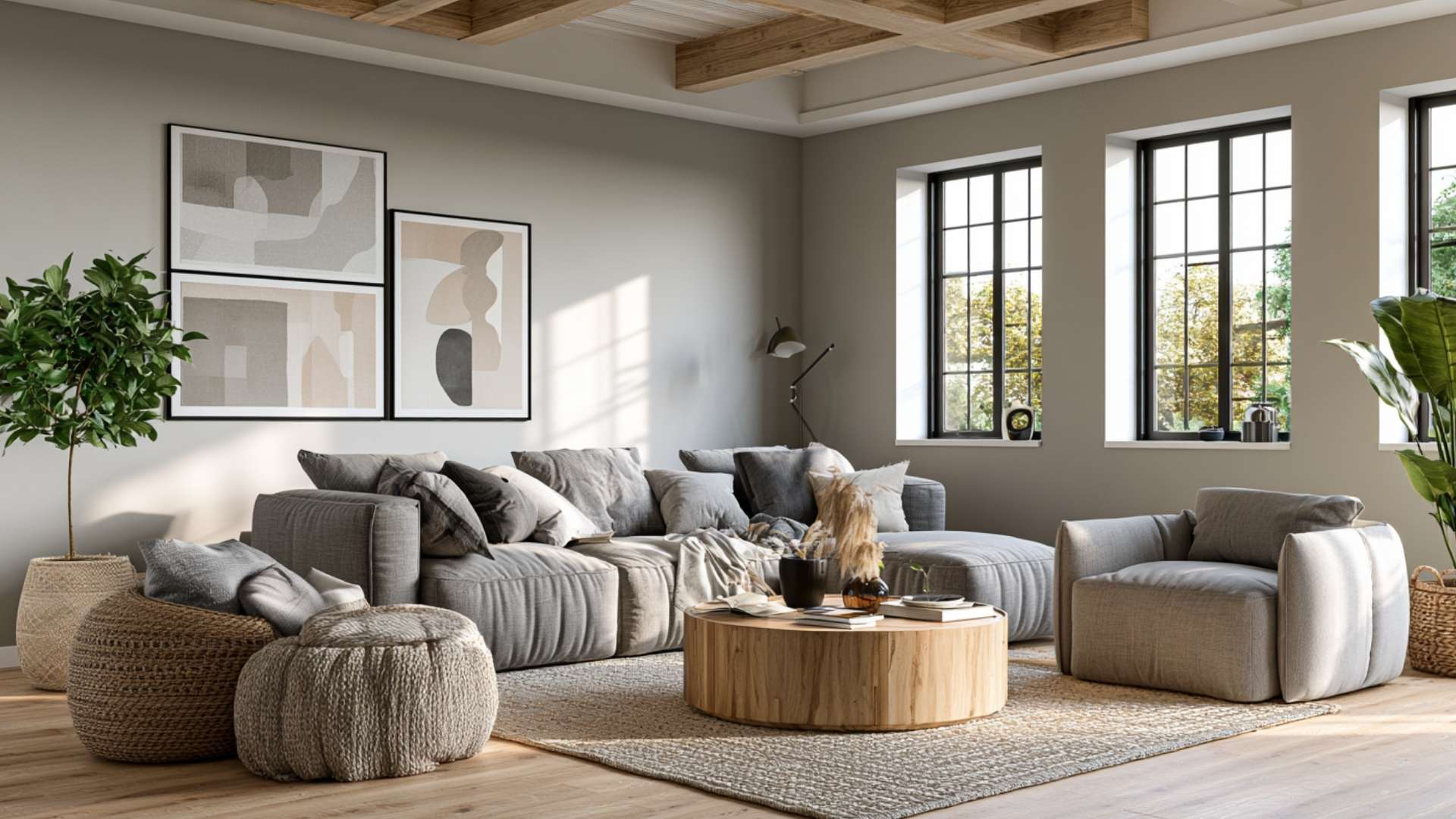 Modern living room with gray and greige furnishings, warm wood accents, and cozy neutral textures.