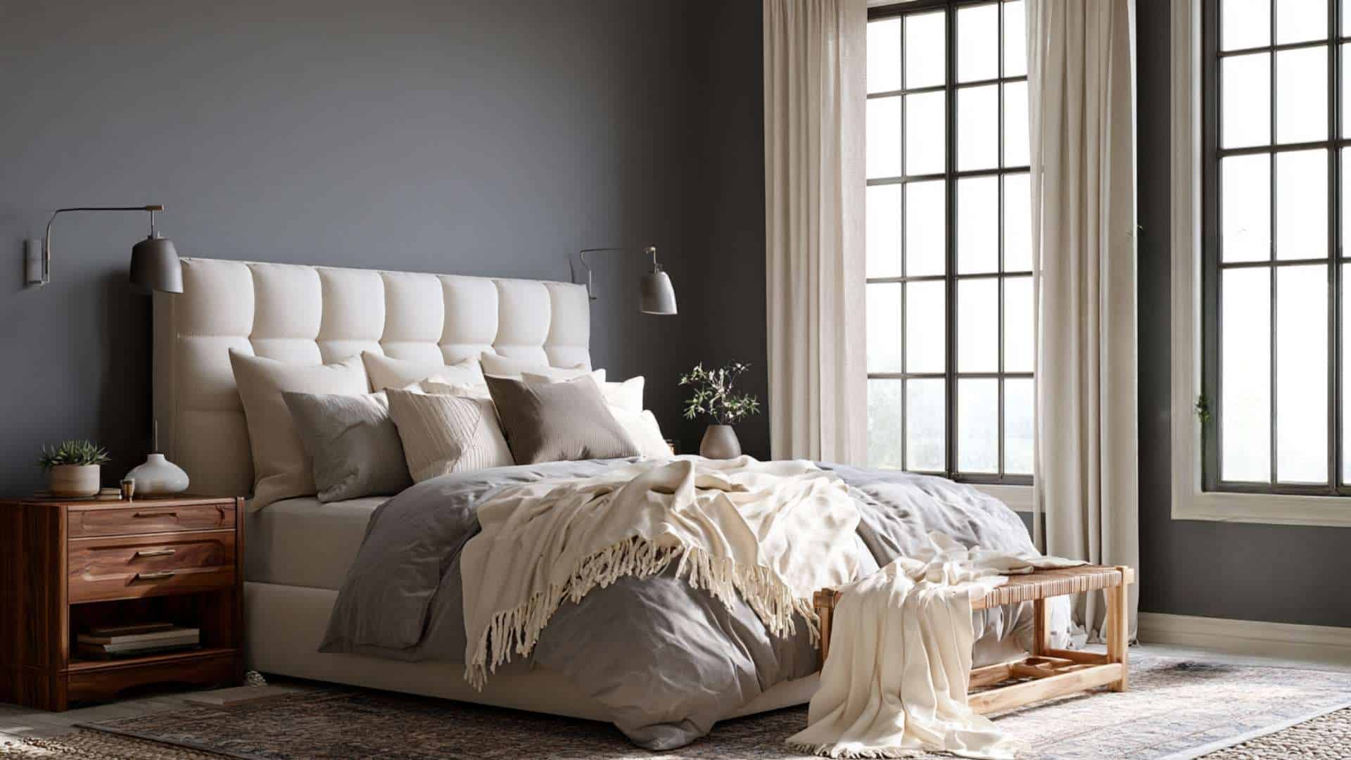 Elegant gray bedroom with an ivory upholstered bed, layered cream bedding, and warm natural light.