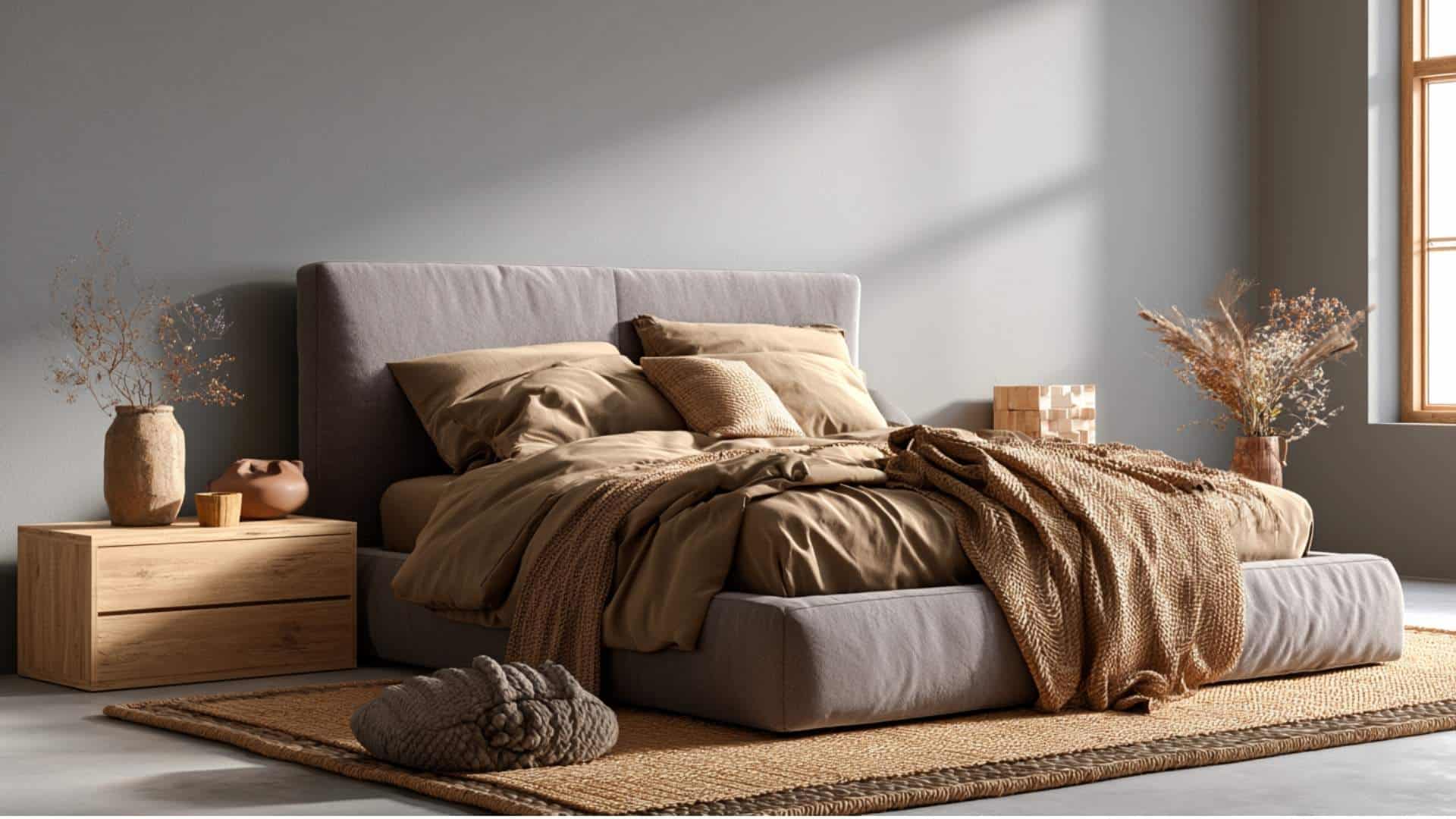 Gray living room with khaki accents, neutral earthy palette, cozy sofa, minimal modern decor.