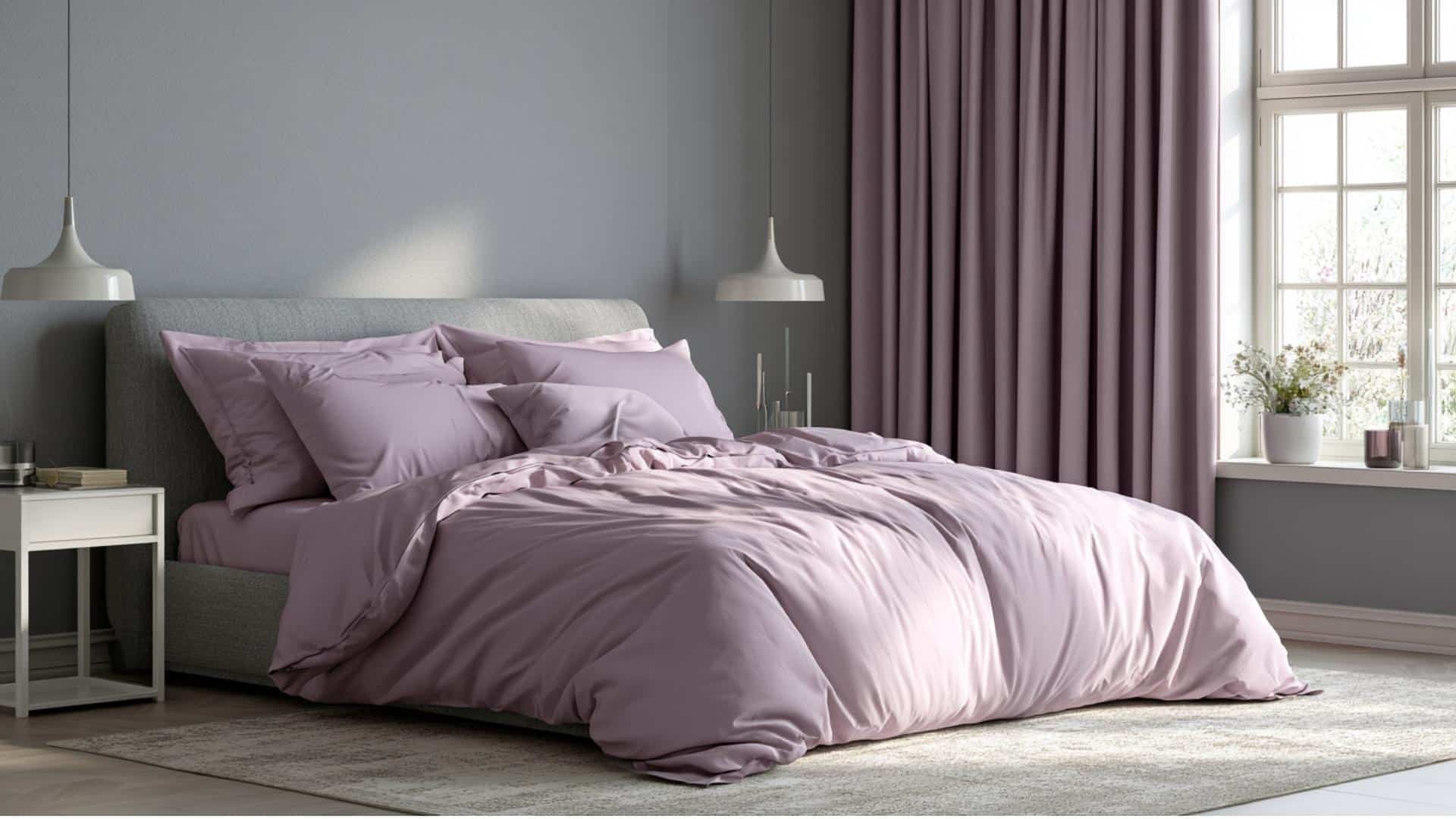 Serene gray bedroom with lavender bedding, matching curtains, and soft elegant decor.