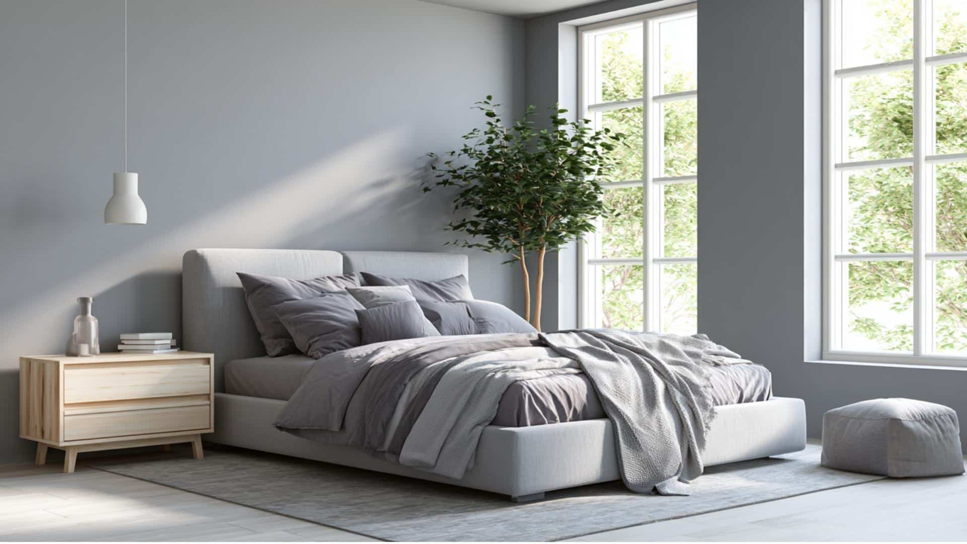 Bright gray bedroom with light gray bedding, pale wood furniture, and airy contemporary styling.