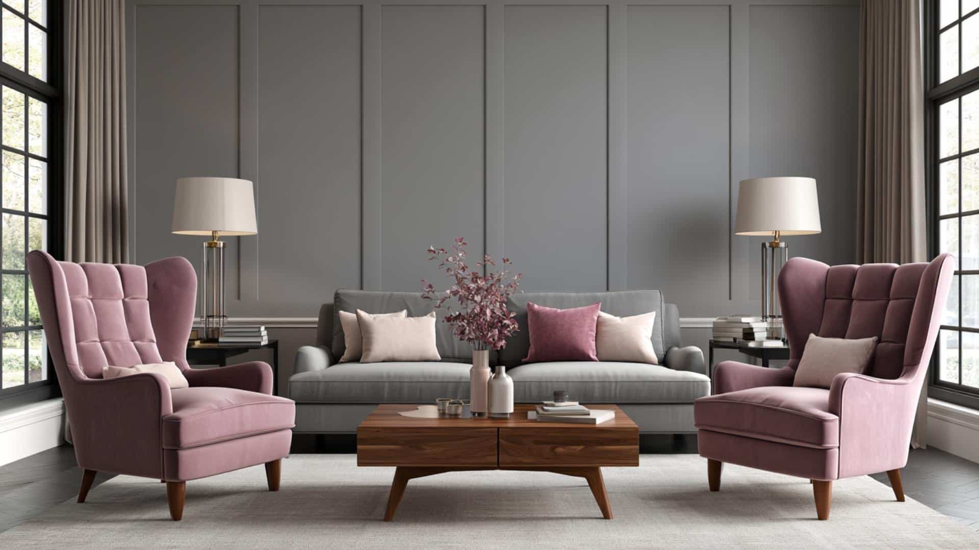 Gray bedroom with mauve bedding and accents, soft lighting, elegant modern neutral aesthetic.