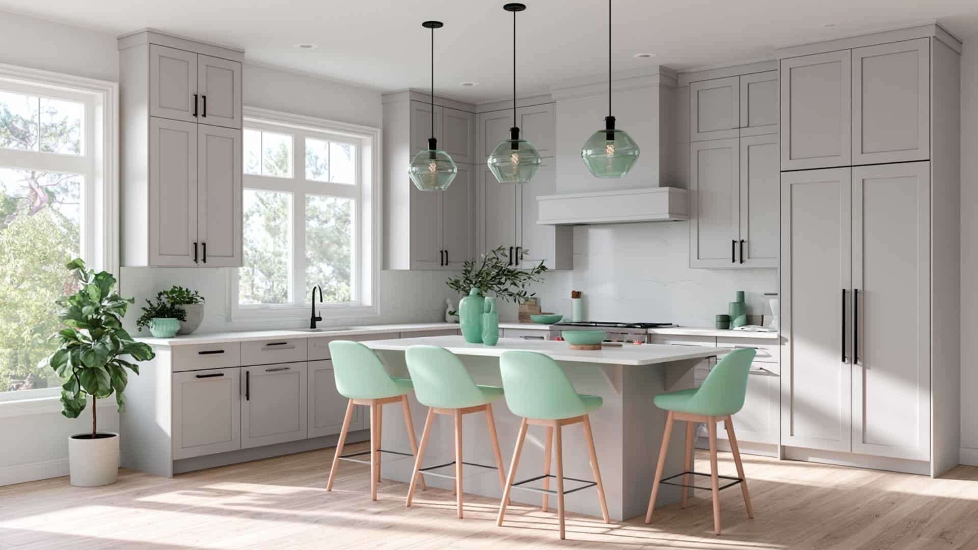 Bright gray kitchen with mint green bar stools, glass pendant lights, and fresh modern finishes.