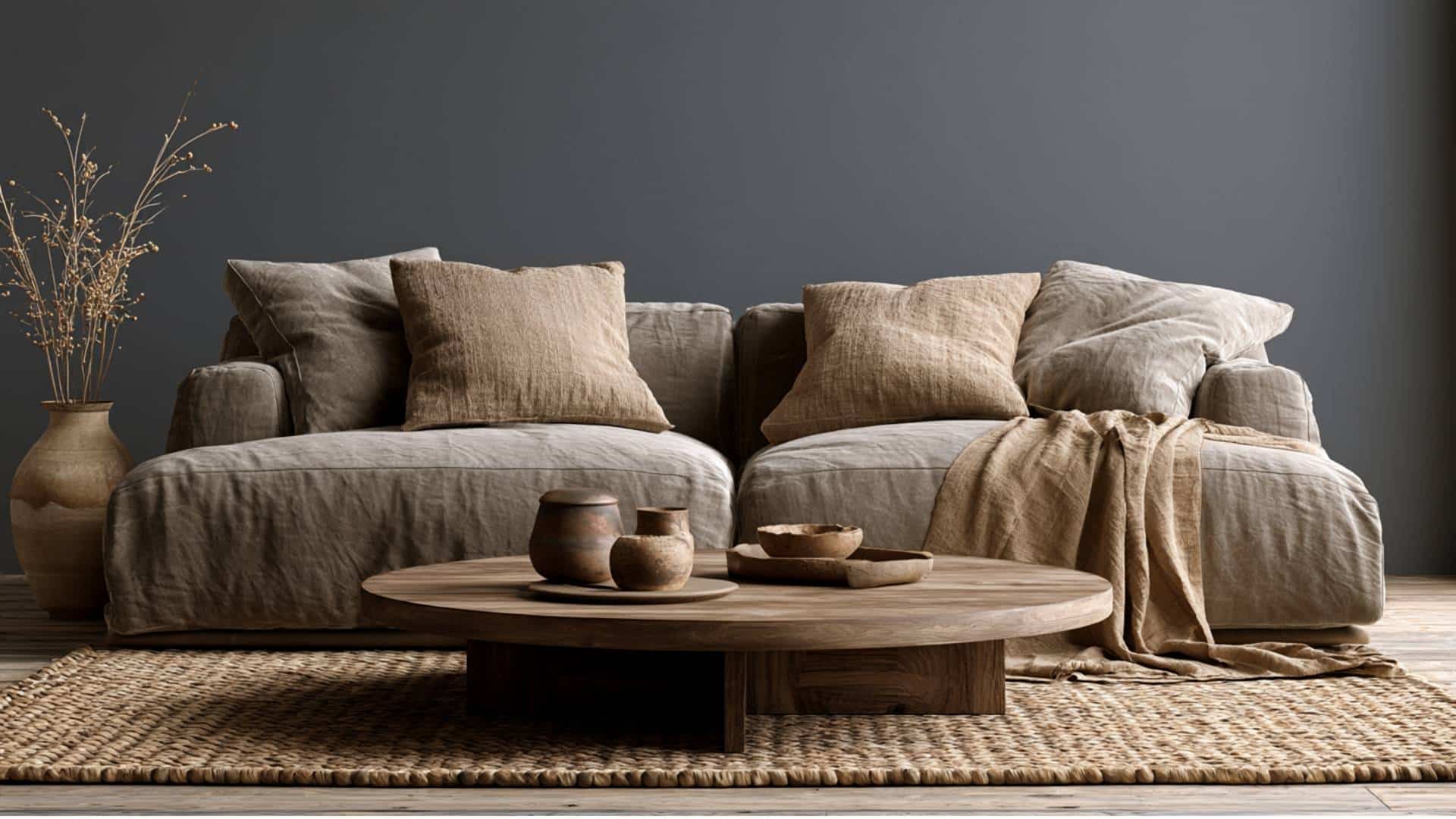 Cozy gray living room with mushroom-toned linen sofa, natural wood coffee table, and earthy neutral decor.