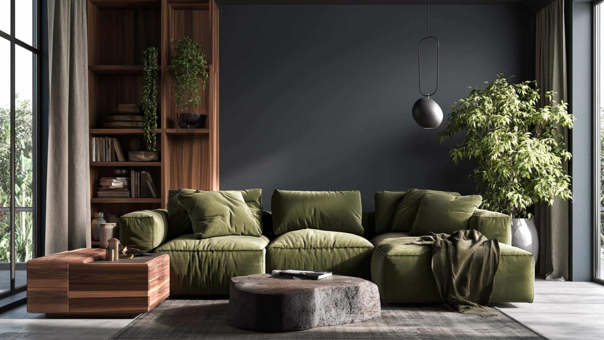 Modern gray living room with an olive green sectional, walnut shelving, and lush indoor plants.