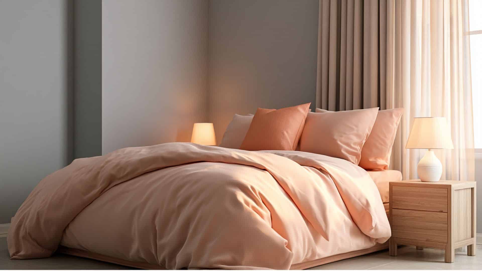 Soft gray bedroom with peach bedding, matching pillows, and warm ambient bedside lighting.