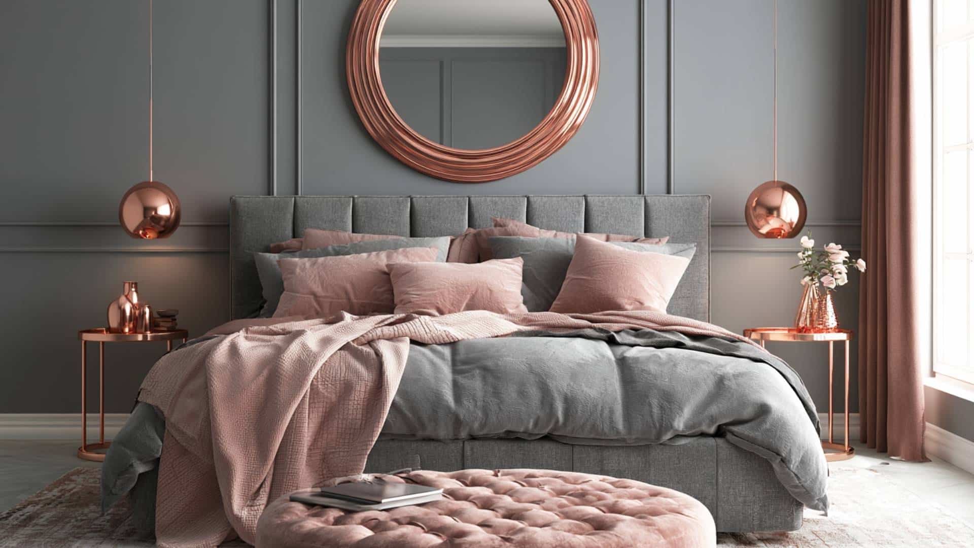 Gray bedroom with rose gold accents, circular mirror, blush bedding, and soft modern elegant styling.