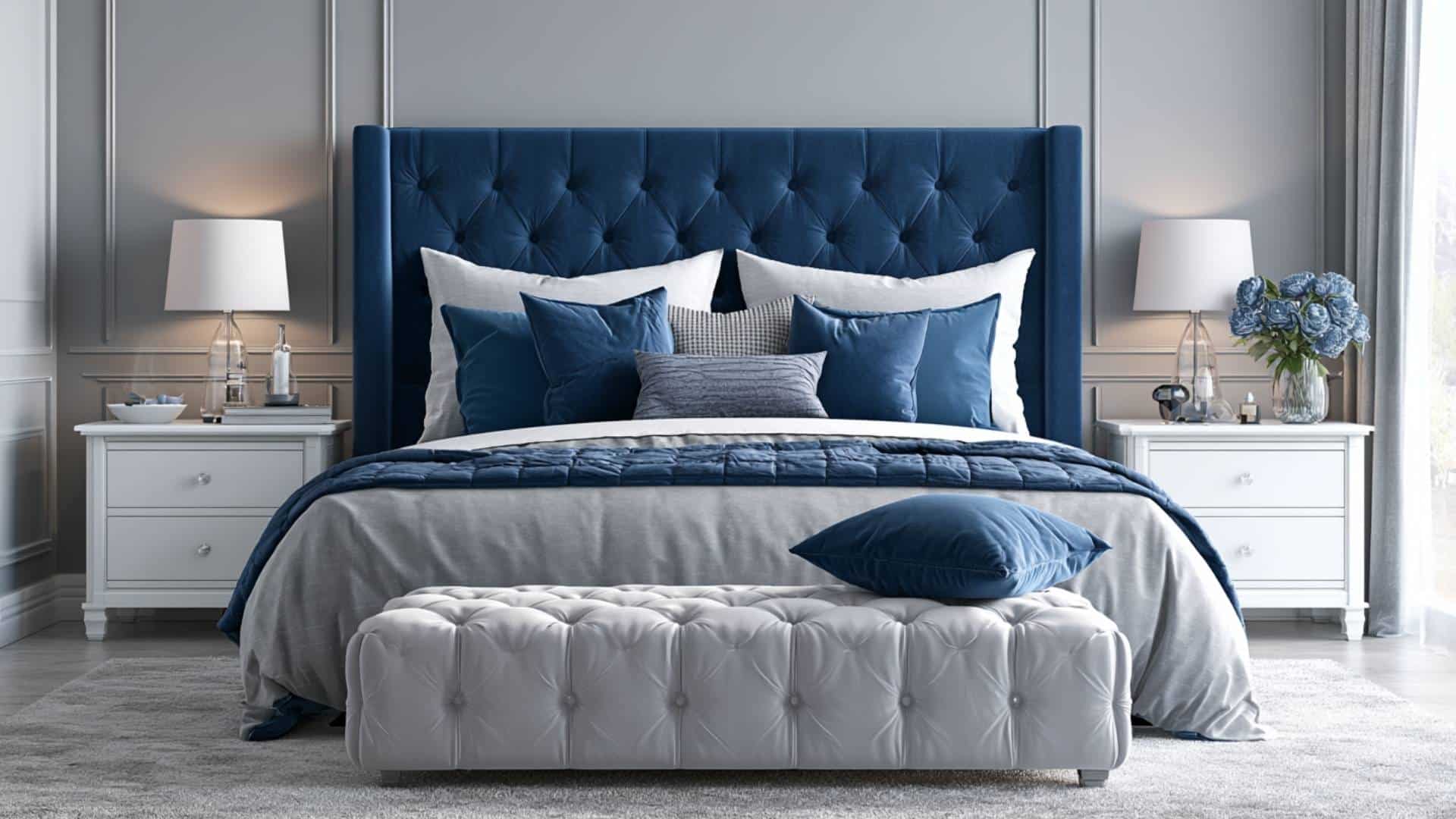 Gray living room with royal blue accent chair and pillows, balanced modern minimalist styling.