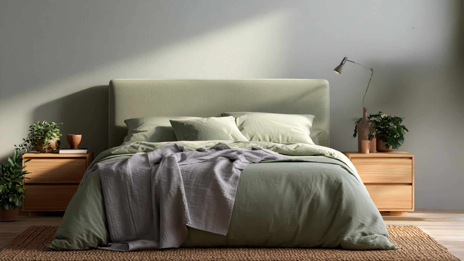 Calm gray bedroom with sage green bedding, warm wood nightstands, and natural botanical accents.