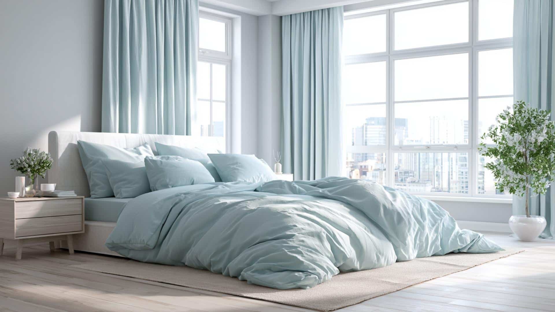 Airy gray bedroom with sky blue bedding, matching curtains, and large sunlit windows.