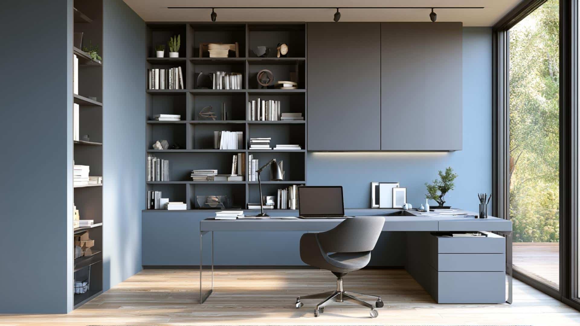 Gray living room with slate blue accents, soft textiles, airy light, modern balanced interior.