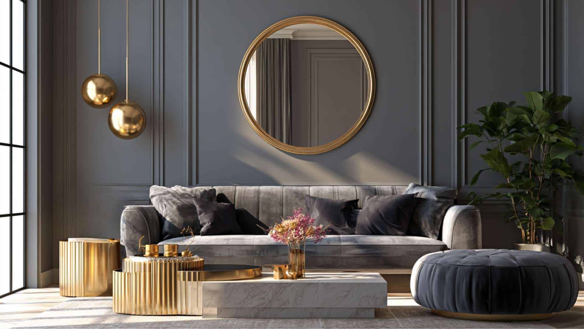 Elegant gray living room with soft gold accents, round mirror, marble coffee table, and modern metallic lighting.