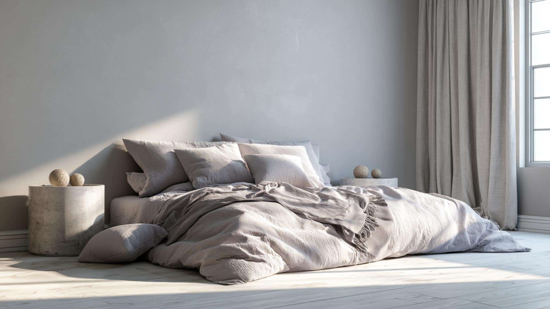 Soft stone gray bedroom with layered neutral bedding, textured linens, and calming minimalist decor.