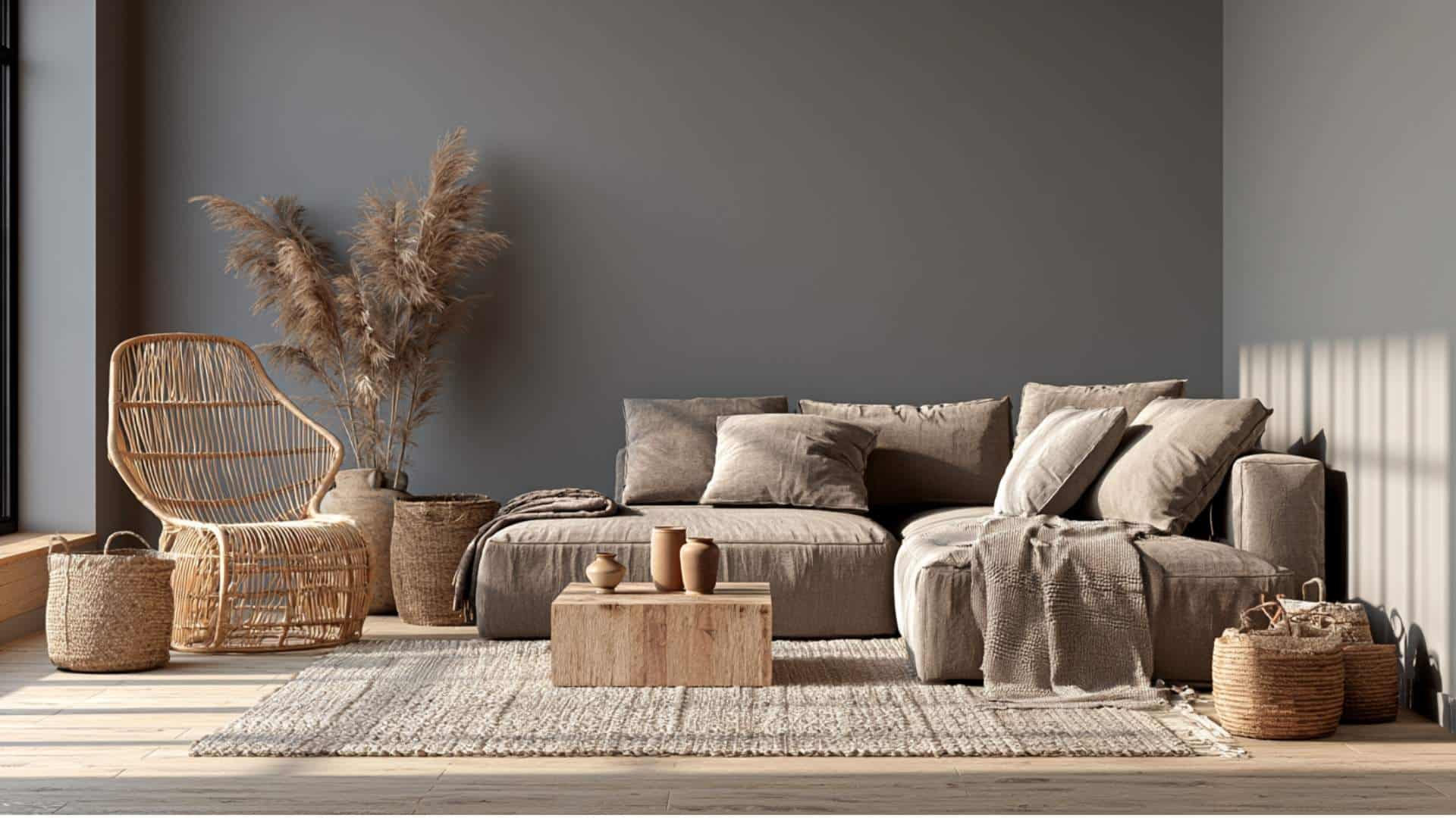 Cozy gray living room styled with taupe sectional sofa, woven chair, natural textures, and earthy decor.