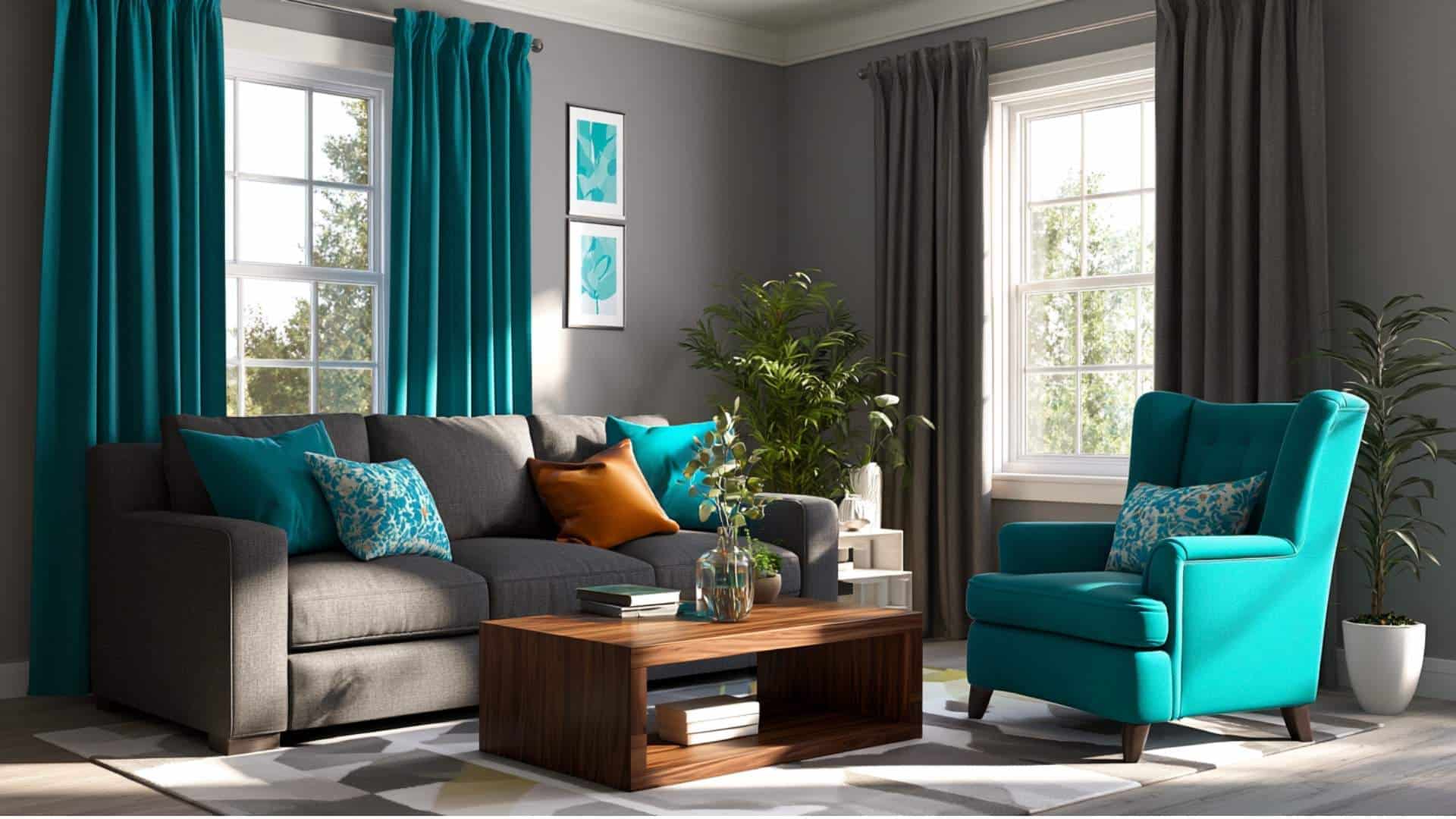 Stylish gray living room with teal curtains, teal armchair, and bold contemporary accent pillows.