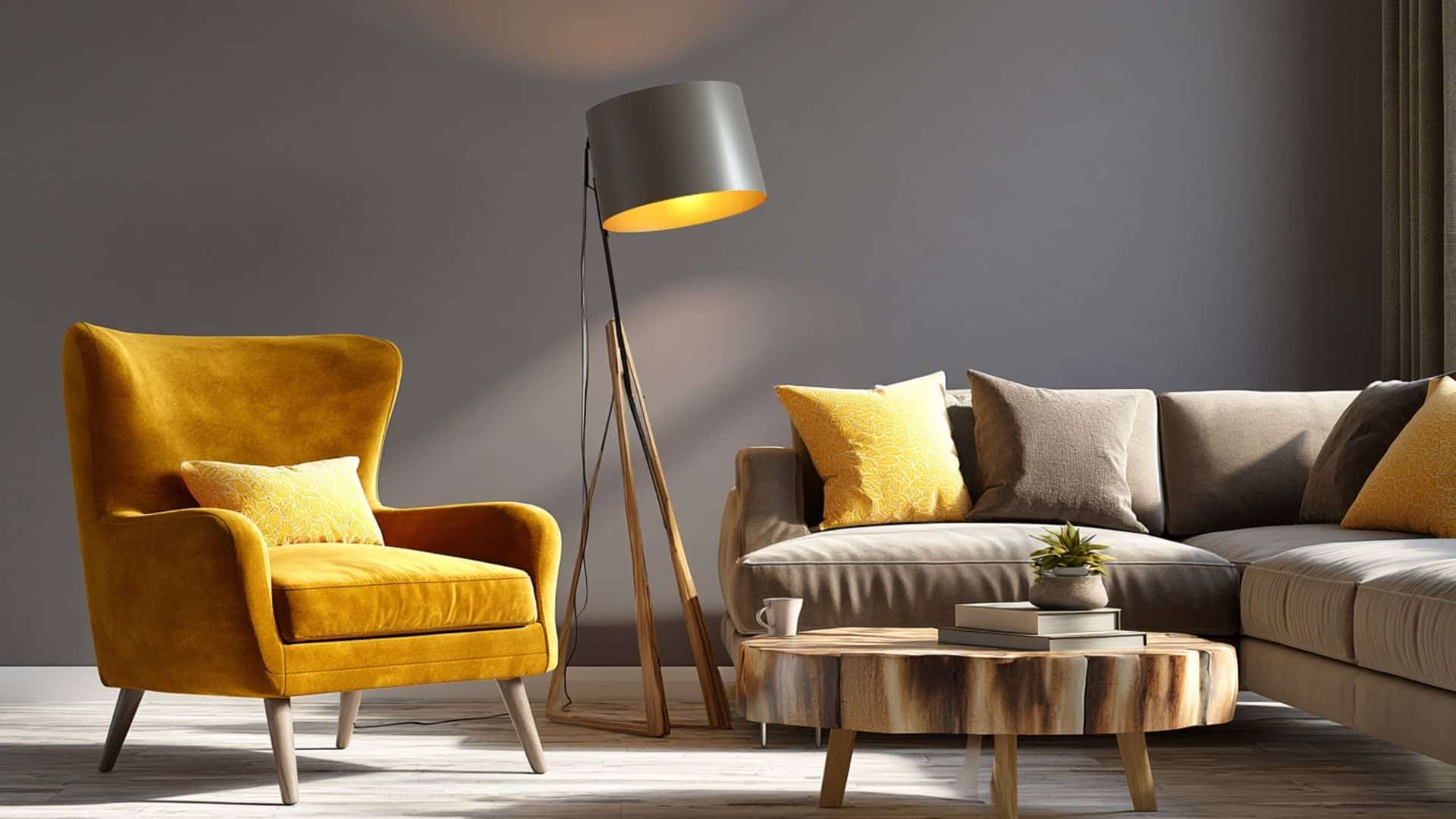 Modern gray living room featuring a mustard yellow accent chair, yellow cushions, and wood coffee table.