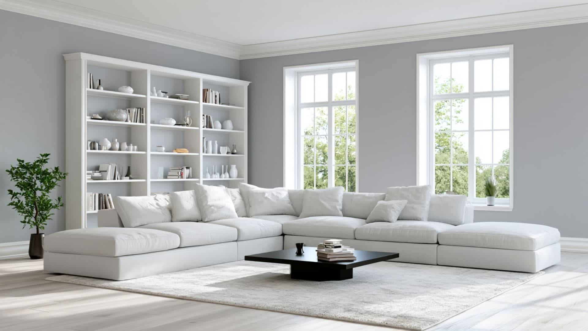 Bright gray living room with a white sectional sofa, built-in shelving, and crisp minimalist styling.