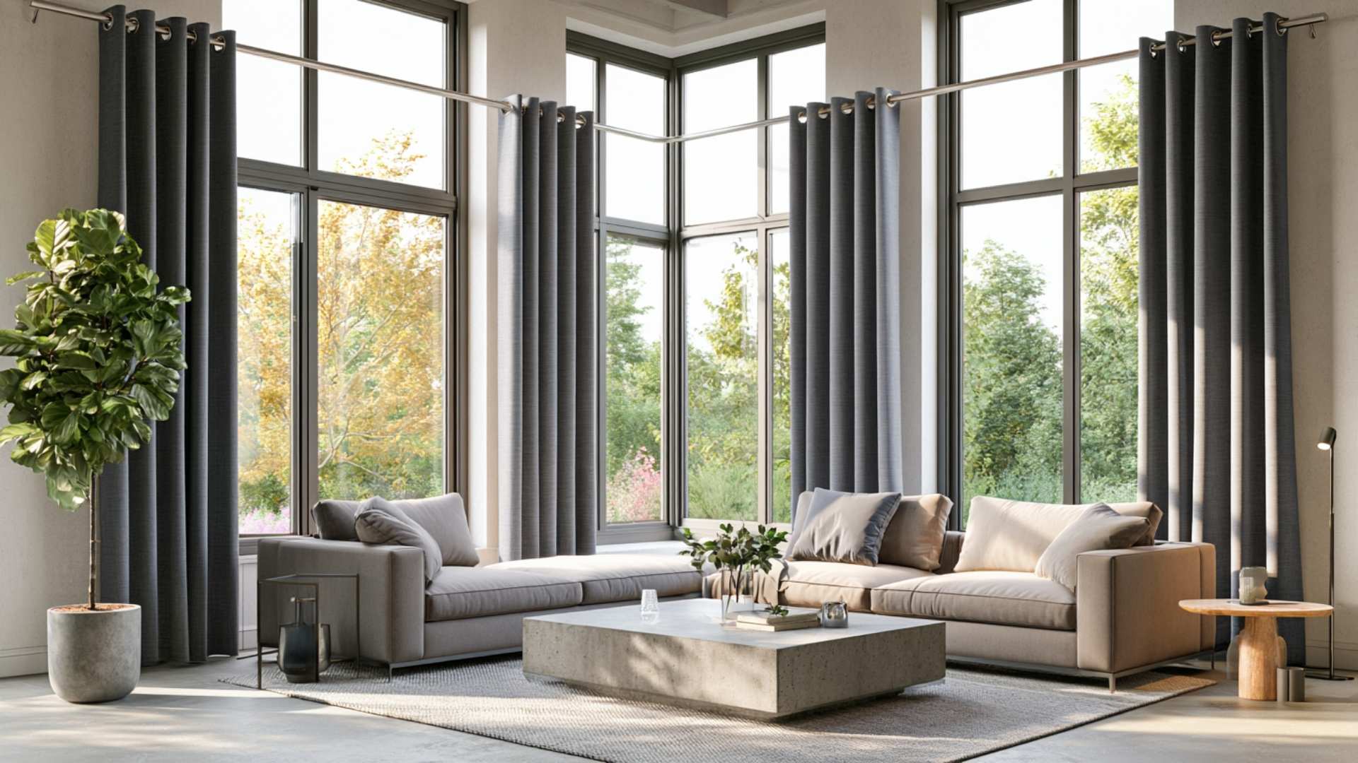 Charcoal grommet curtains on floor-to-ceiling windows in a contemporary open-plan living room