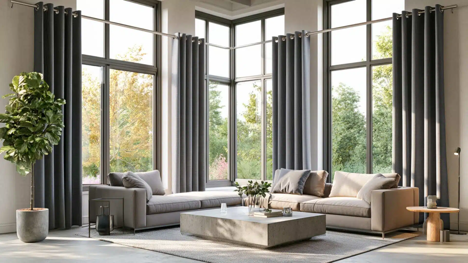 Charcoal grommet curtains on floor-to-ceiling windows in a contemporary open-plan living room