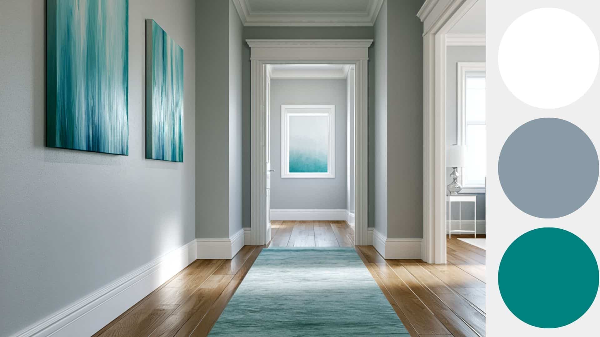 Minimal hallway with framed wall art, wooden flooring, and soft natural light leading toward adjoining rooms.