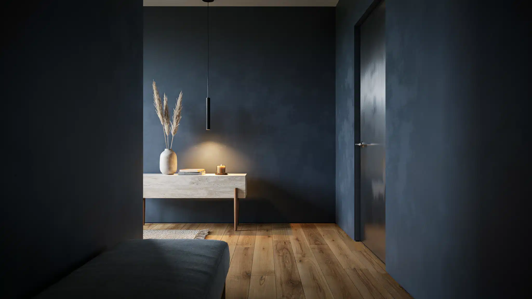 Entryway with Silhouette AF-655 walls, wood flooring, warm lighting, minimalist styling.