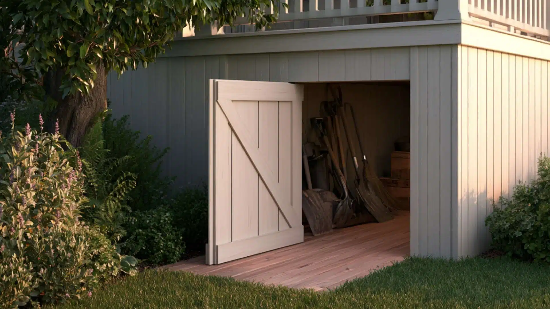 Cream barn style access door open beneath deck, revealing garden tools stored inside.